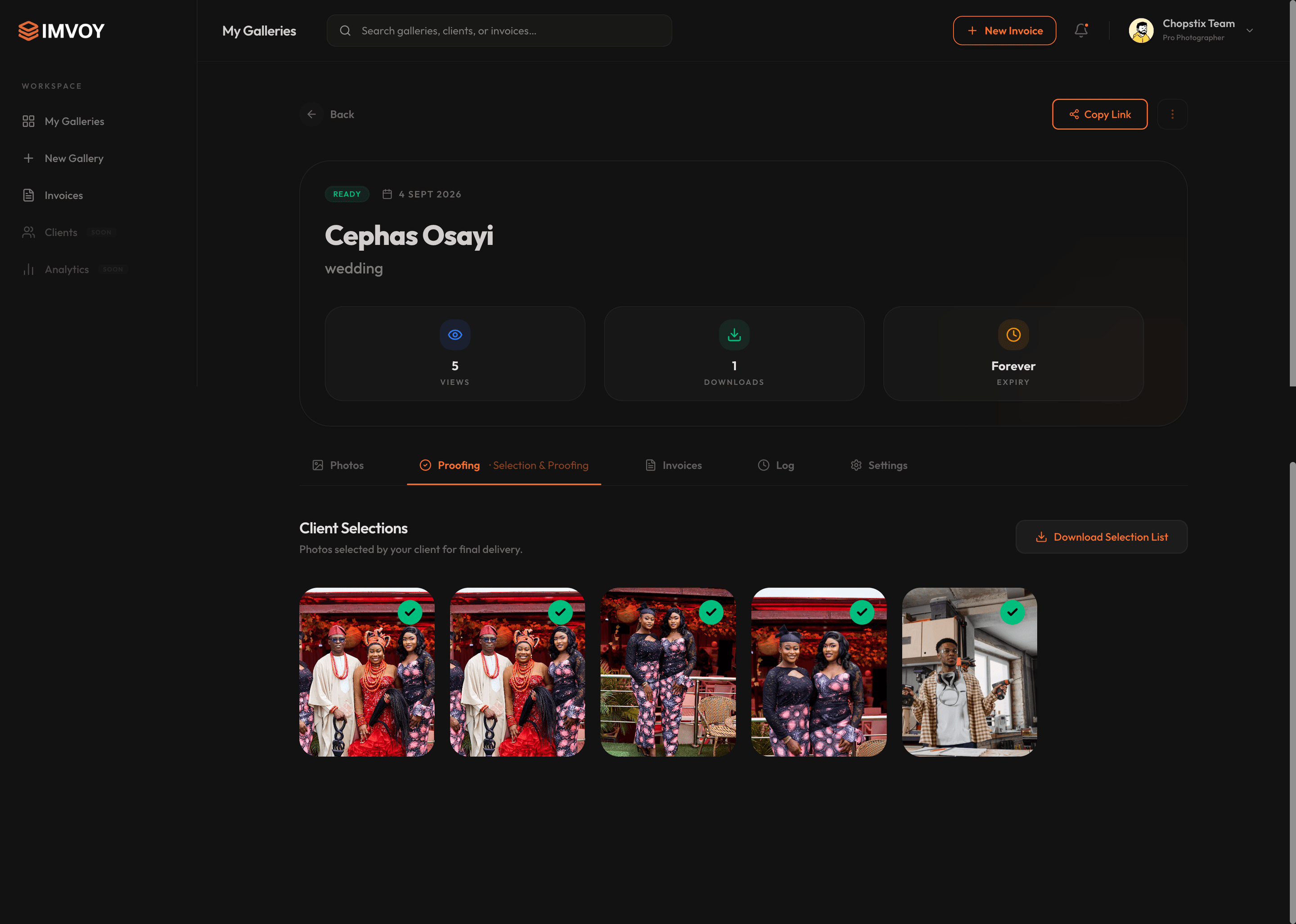 Imvoy Studio Dashboard Proofing Review & Selected Photos Manifest
