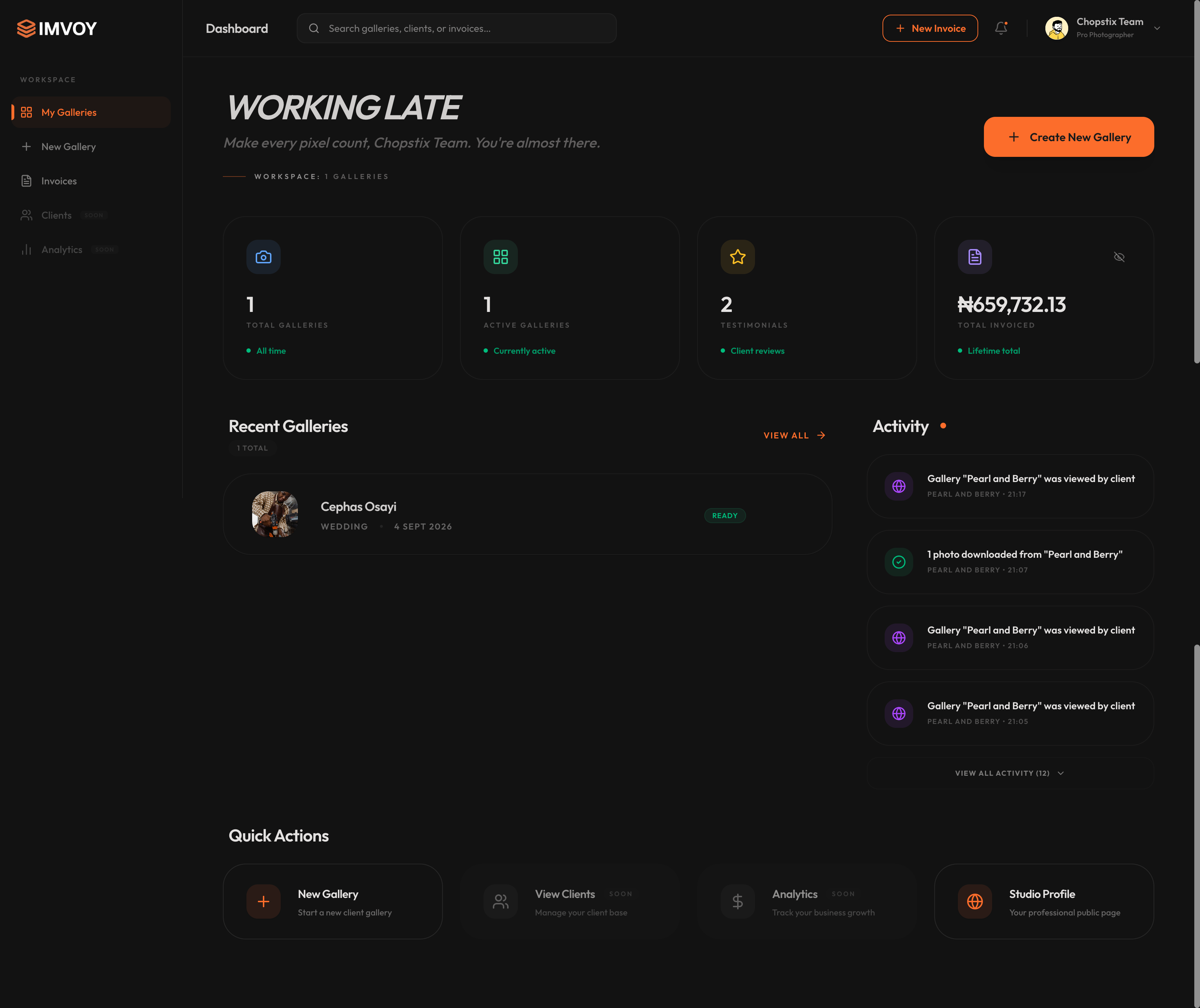 Imvoy Photographer Command Center Dashboard