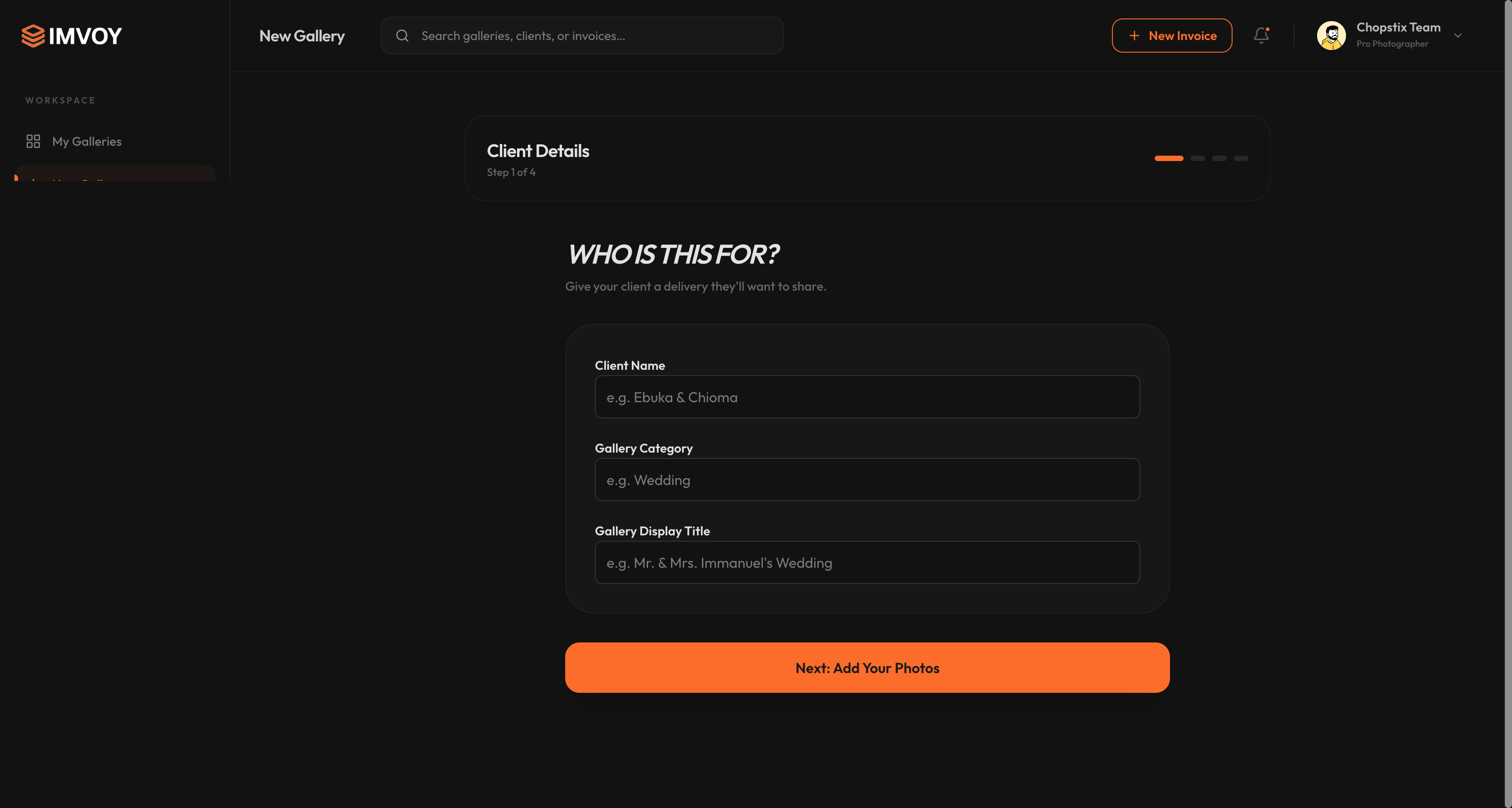 Imvoy Gallery Creation: Client Details Step