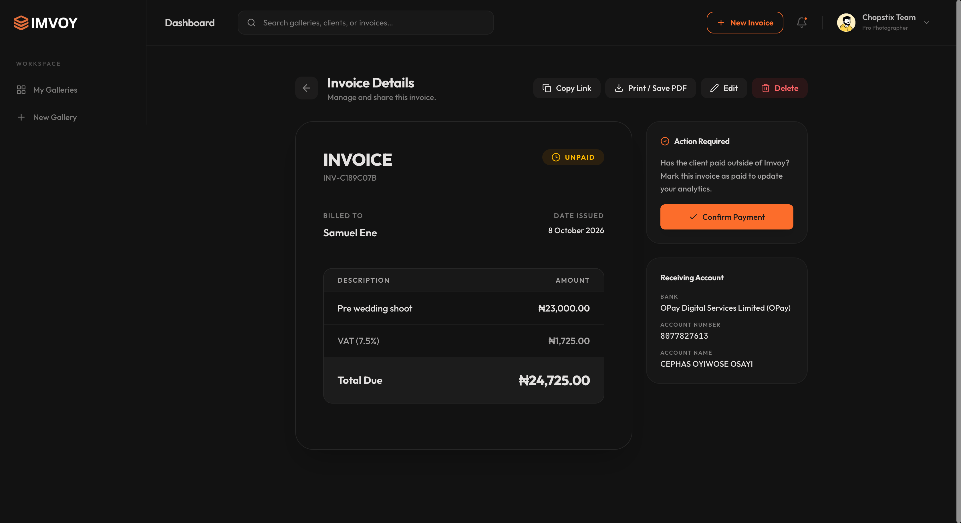Imvoy Itemized Client Invoice with Instant Bank Settlement